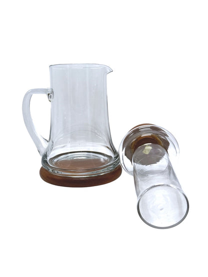 Wimsome Teakwood Glass Pitcher W/ Chiller/Lid/Base For Tea Or Beverages