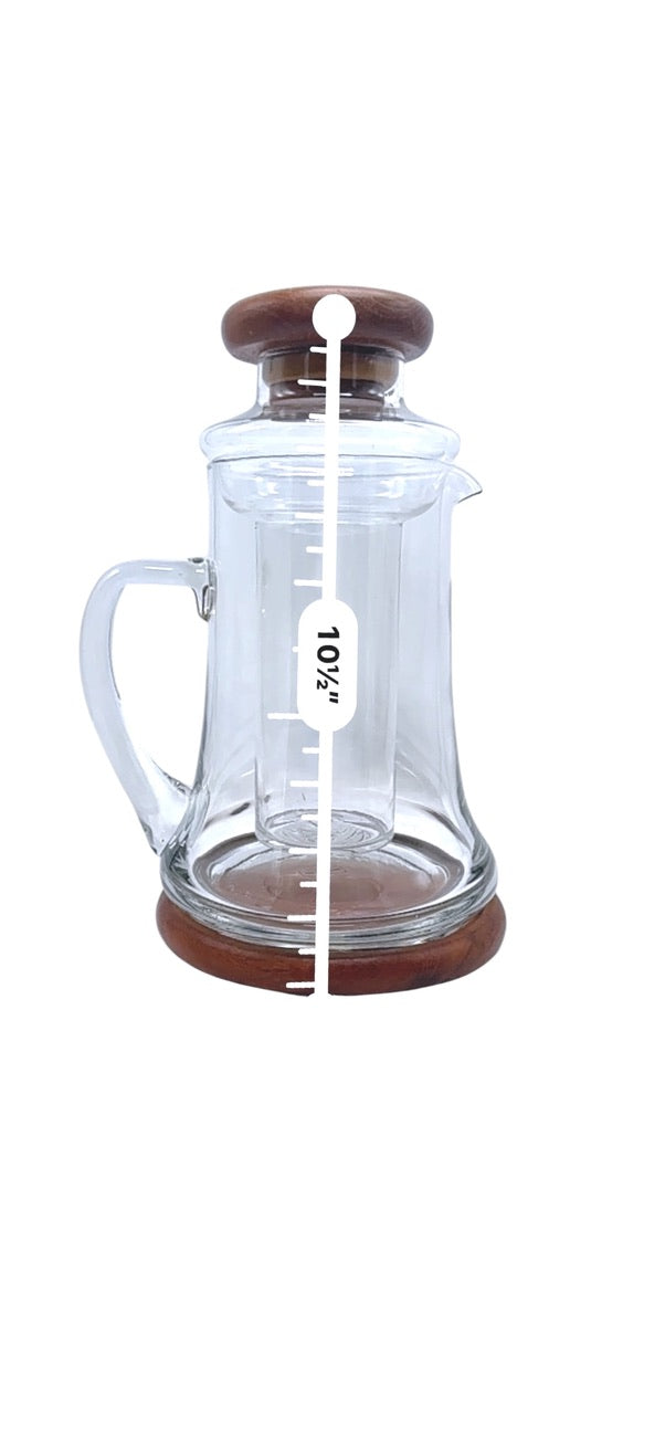 Wimsome Teakwood Glass Pitcher W/ Chiller/Lid/Base For Tea Or Beverages
