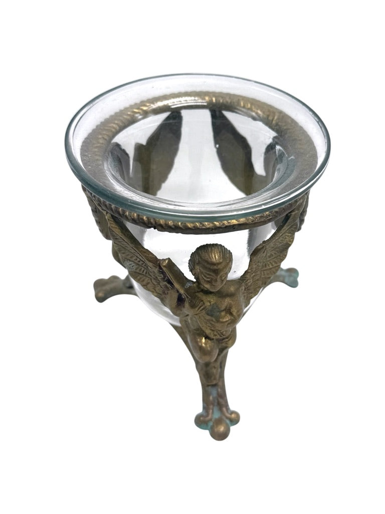 Vintage Brass Cherub Bowl Holder with Glass Insert