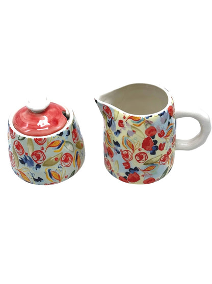 Anthropologie Floral Ceramic Creamer & Sugar Dish Set With Lid