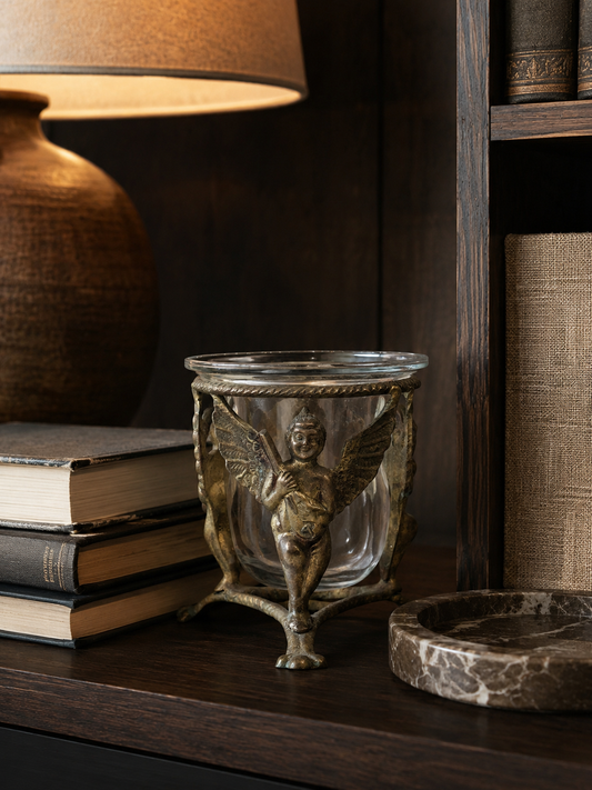 Vintage Brass Cherub Bowl Holder with Glass Insert