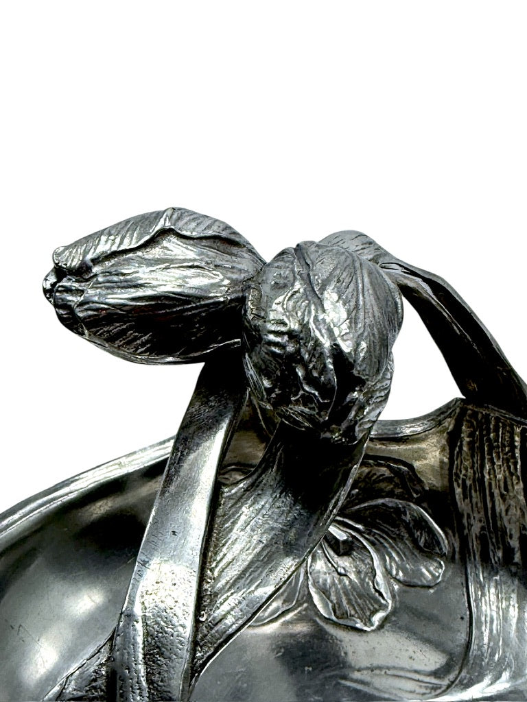Antique Art Nouveau Pewter Tulip Basket Floral Embossed Design Decorative Handle