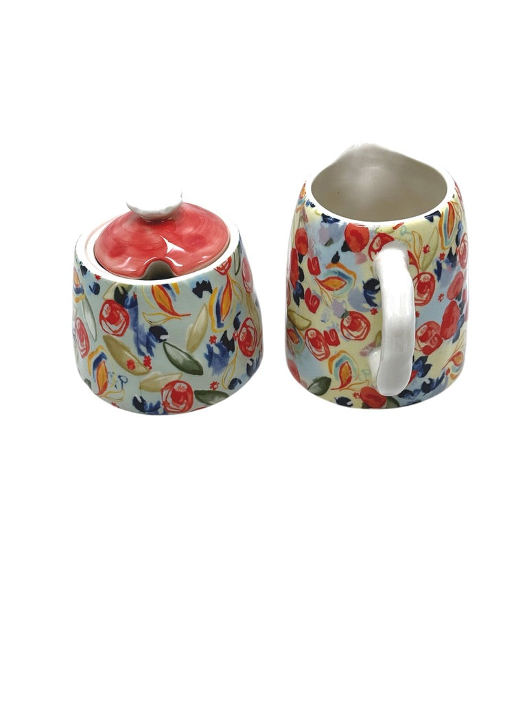 Anthropologie Floral Ceramic Creamer & Sugar Dish Set With Lid