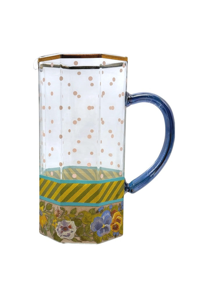 Mackenzie Childs Garland Pink Dot Glass Pitcher Floral/Striped Octagonal Shape