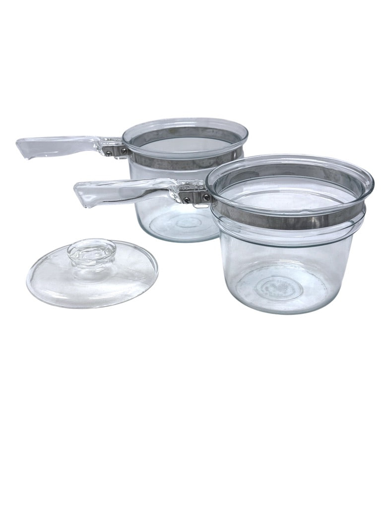 Vintage Pyrex Clear Glass Double Boiler Set With Lid Heat-Resistant Cookware