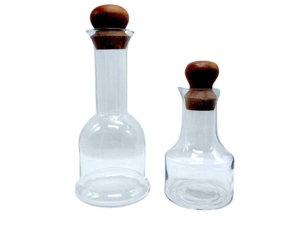 Vintage Dansk Glass & Teak Wood Stoppered Decanters Set Of 2