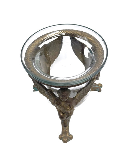 Vintage Brass Cherub Bowl Holder with Glass Insert
