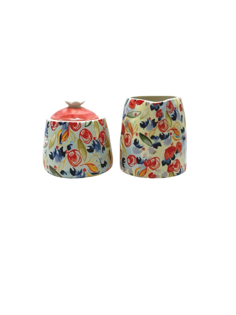 Anthropologie Floral Ceramic Creamer & Sugar Dish Set With Lid
