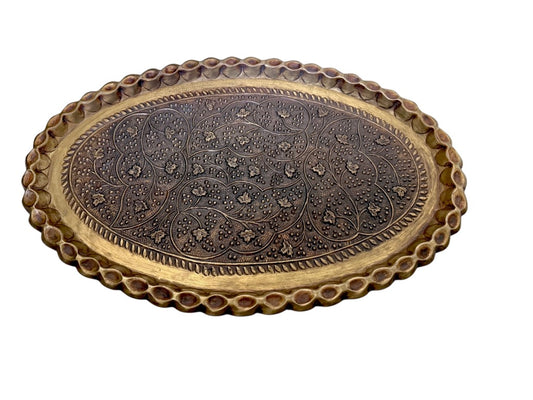 Vintage Brass Hand-Engraved Oval Serving Platter Grape Floral Design Wall-Mountable British India Decor