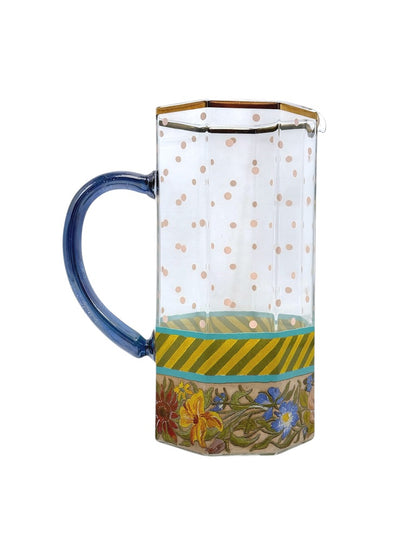 Mackenzie Childs Garland Pink Dot Glass Pitcher Floral/Striped Octagonal Shape