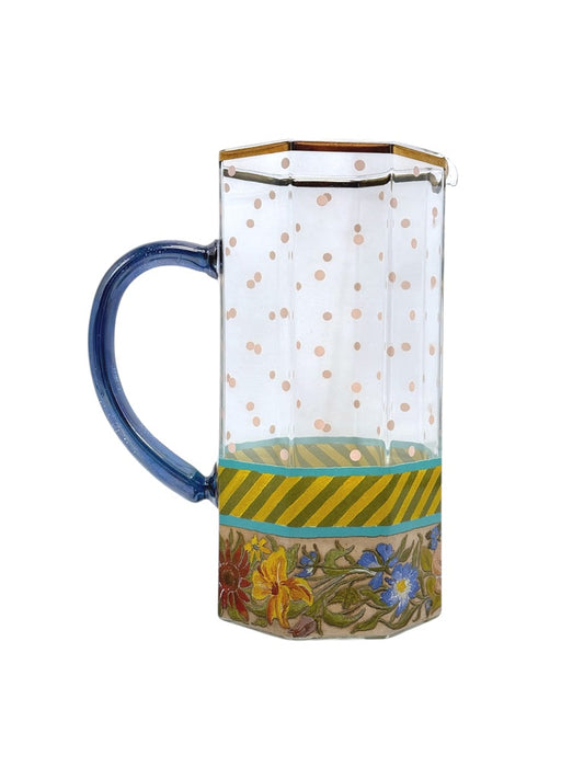 Mackenzie Childs Garland Pink Dot Glass Pitcher Floral/Striped Octagonal Shape