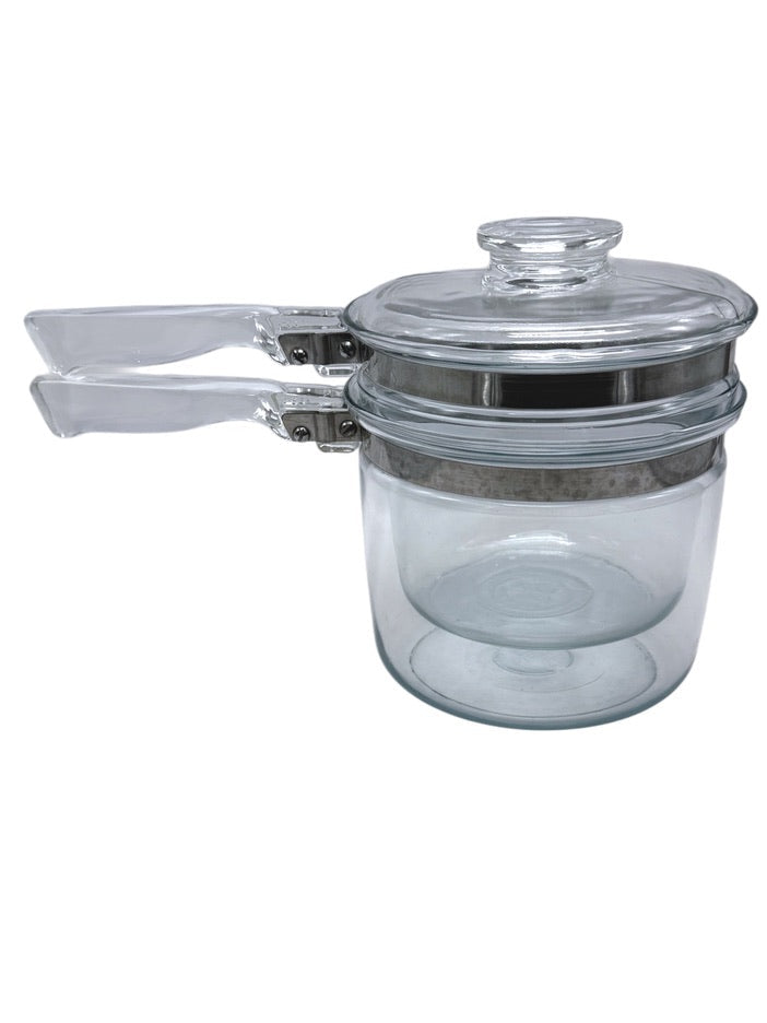 Vintage Pyrex Clear Glass Double Boiler Set With Lid Heat-Resistant Cookware