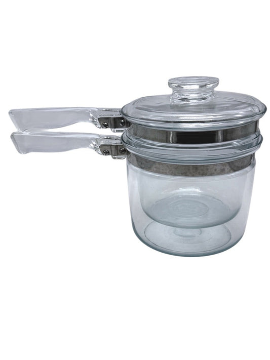 Vintage Pyrex Clear Glass Double Boiler Set With Lid Heat-Resistant Cookware