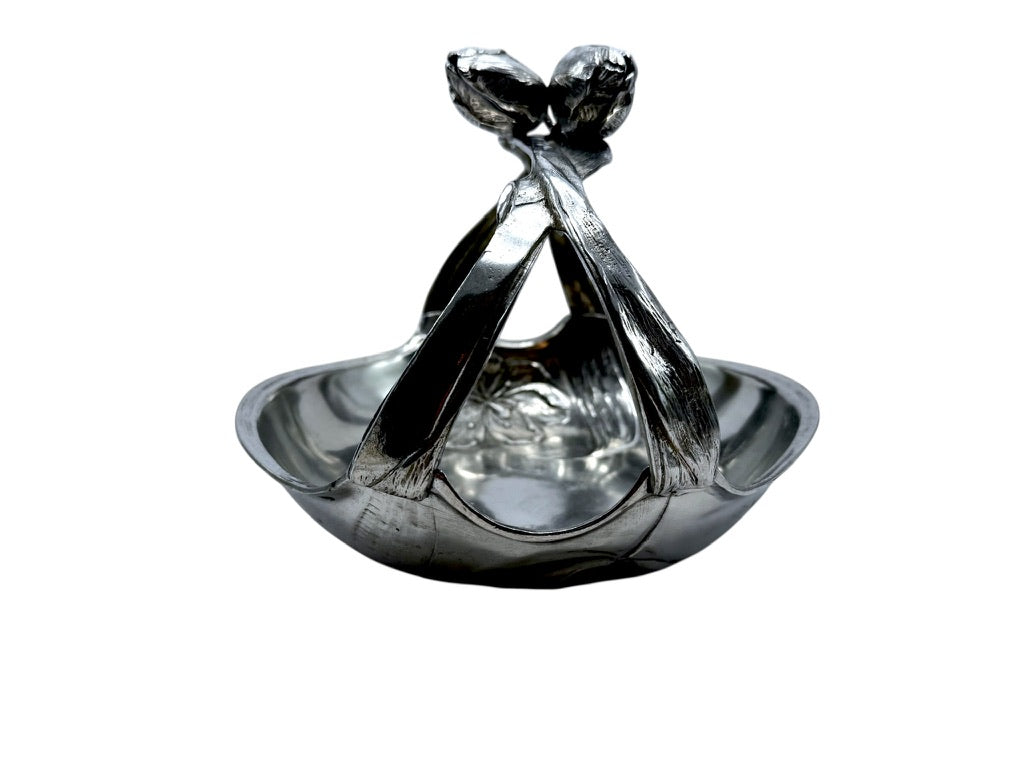 Antique Art Nouveau Pewter Tulip Basket Floral Embossed Design Decorative Handle