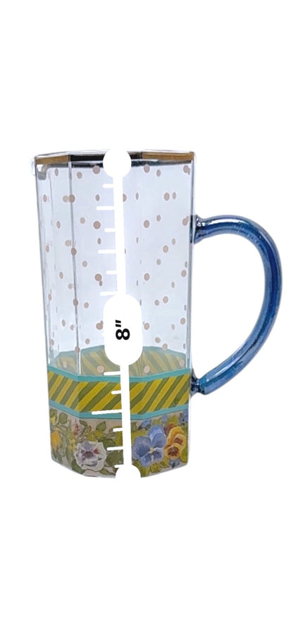 Mackenzie Childs Garland Pink Dot Glass Pitcher Floral/Striped Octagonal Shape