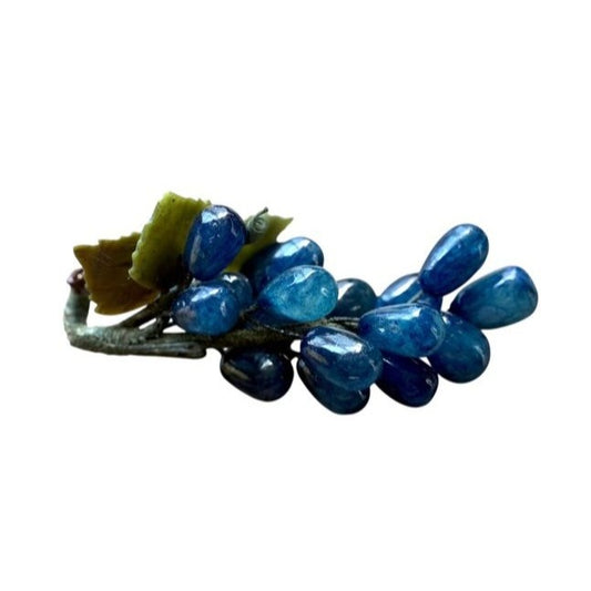 Vintage Blue Agate Grape Cluster With Carved Jade Leaves