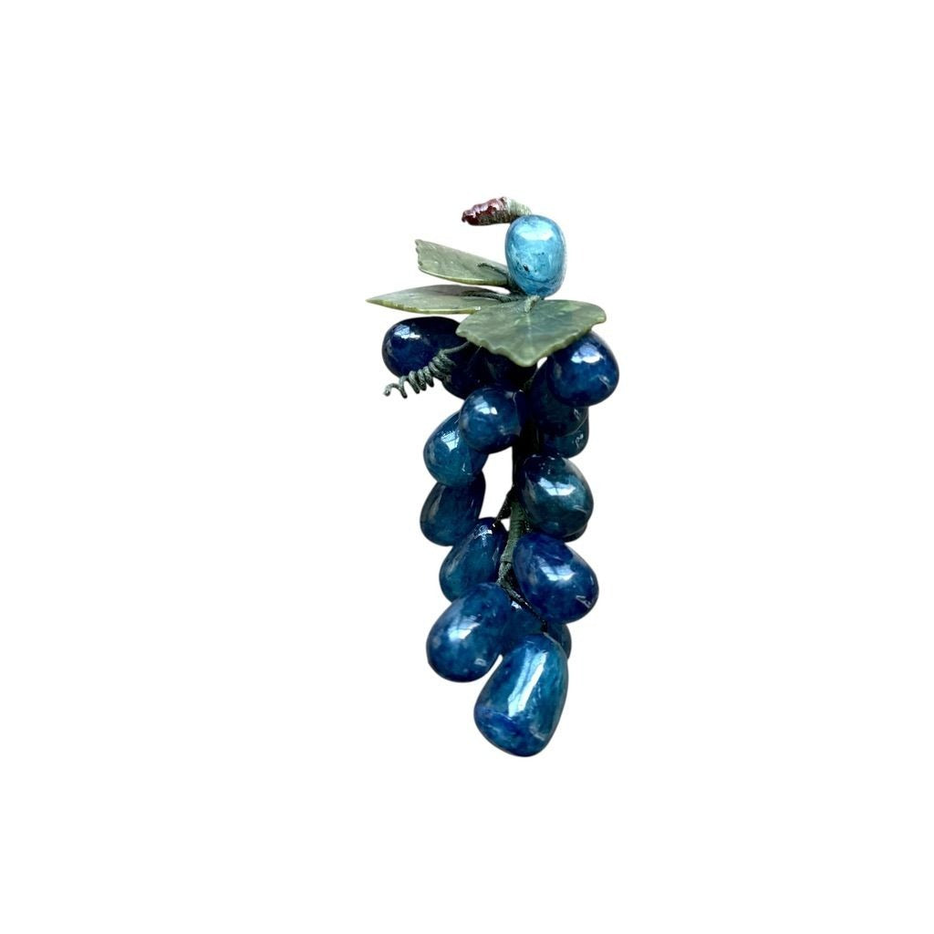 Vintage Blue Agate Grape Cluster With Carved Jade Leaves