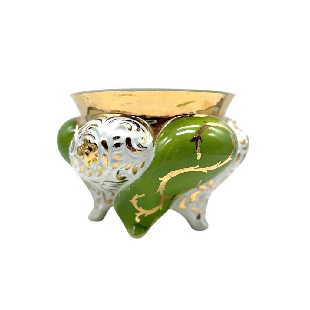 Vintage Italian Porcelain Vase/Planter With Gold & Green Floral Design