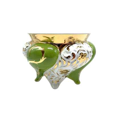 Vintage Italian Porcelain Vase/Planter With Gold & Green Floral Design