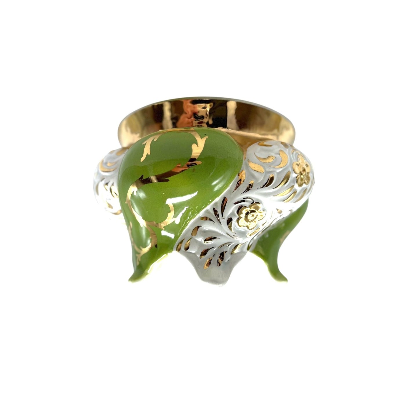 Vintage Italian Porcelain Vase/Planter With Gold & Green Floral Design