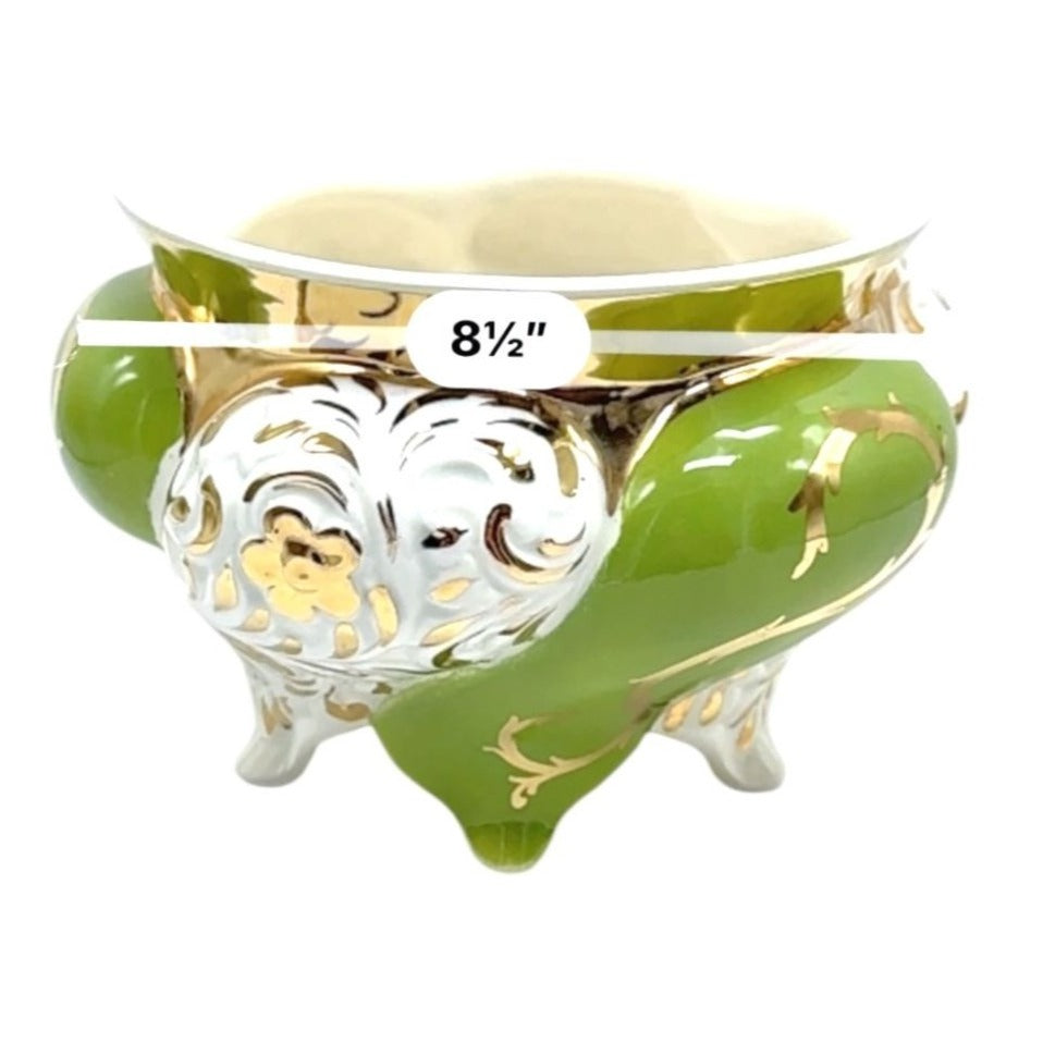 Vintage Italian Porcelain Vase/Planter With Gold & Green Floral Design