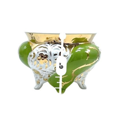 Vintage Italian Porcelain Vase/Planter With Gold & Green Floral Design