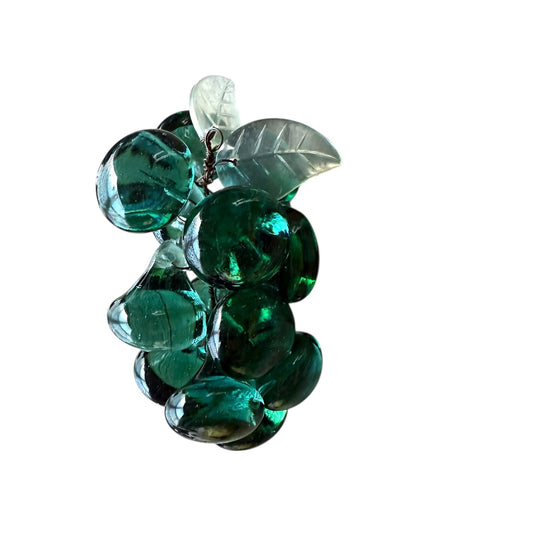 Vintage Green Glass Grape Cluster Figurine With Clear Lucite Leaves