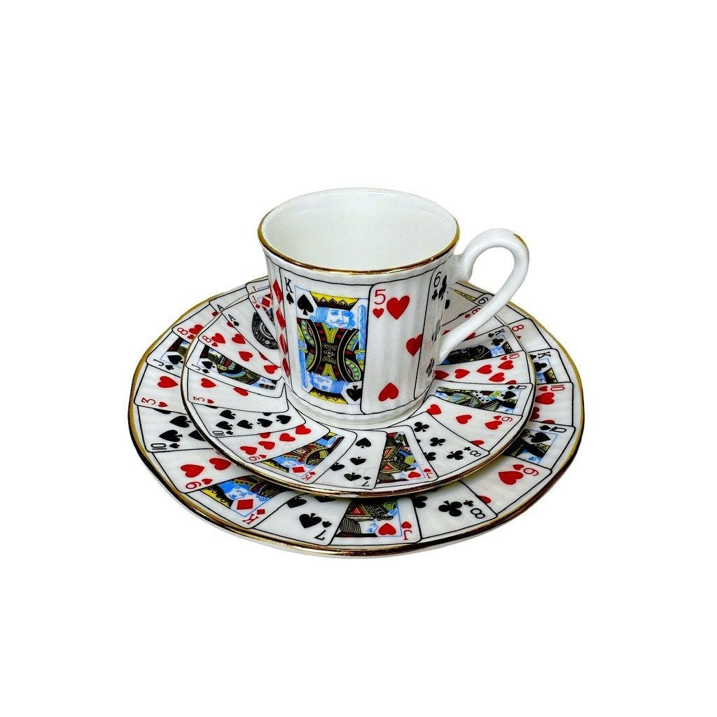 Elizabethan Staffordshire Fine Bone China Playing Cards Pattern Demitasse Tea Cup, Saucer and Snack Plate - 18 Piece Set - Made in England