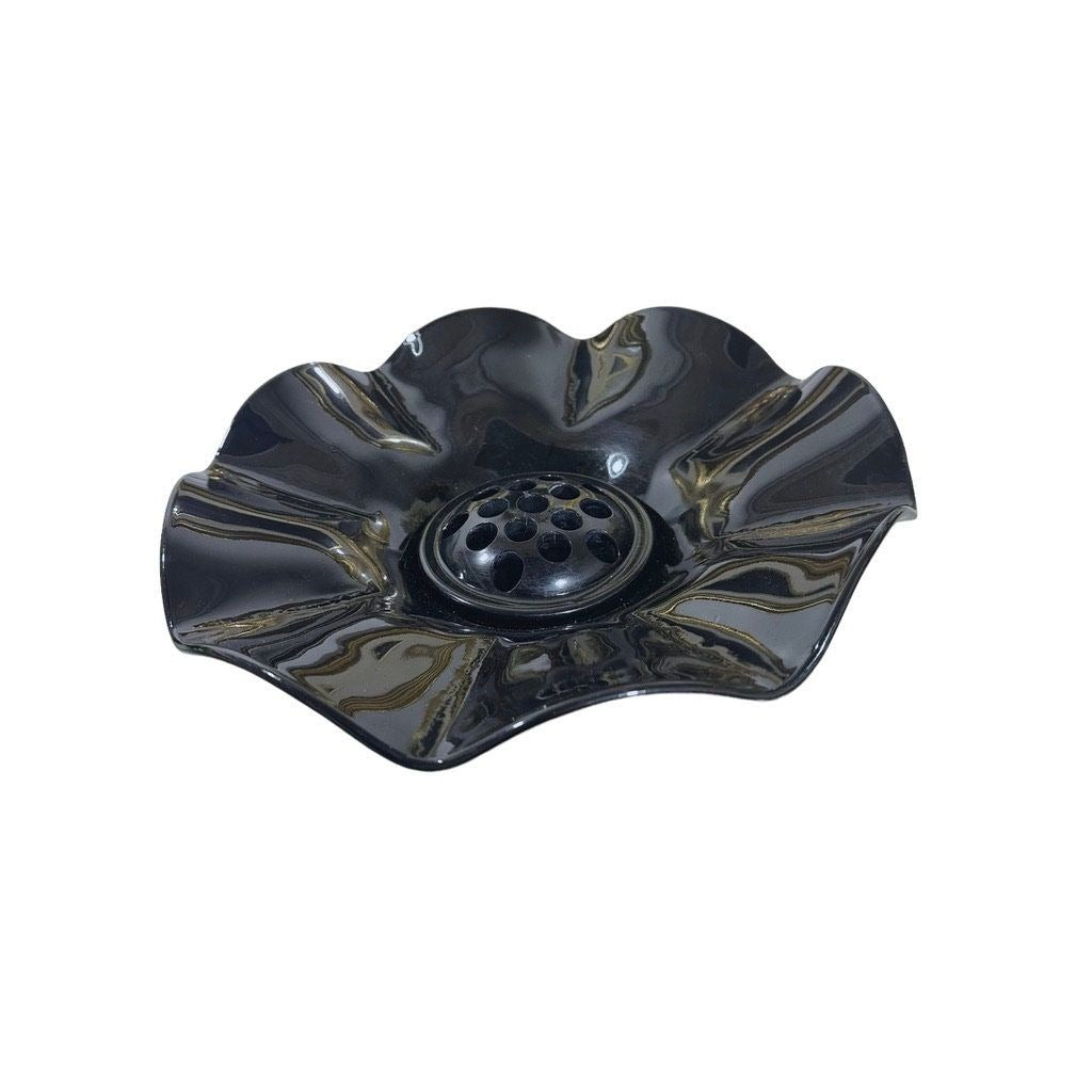 Vintage L.E. Smith Black Glass Ruffle Bowl with Flower Frog