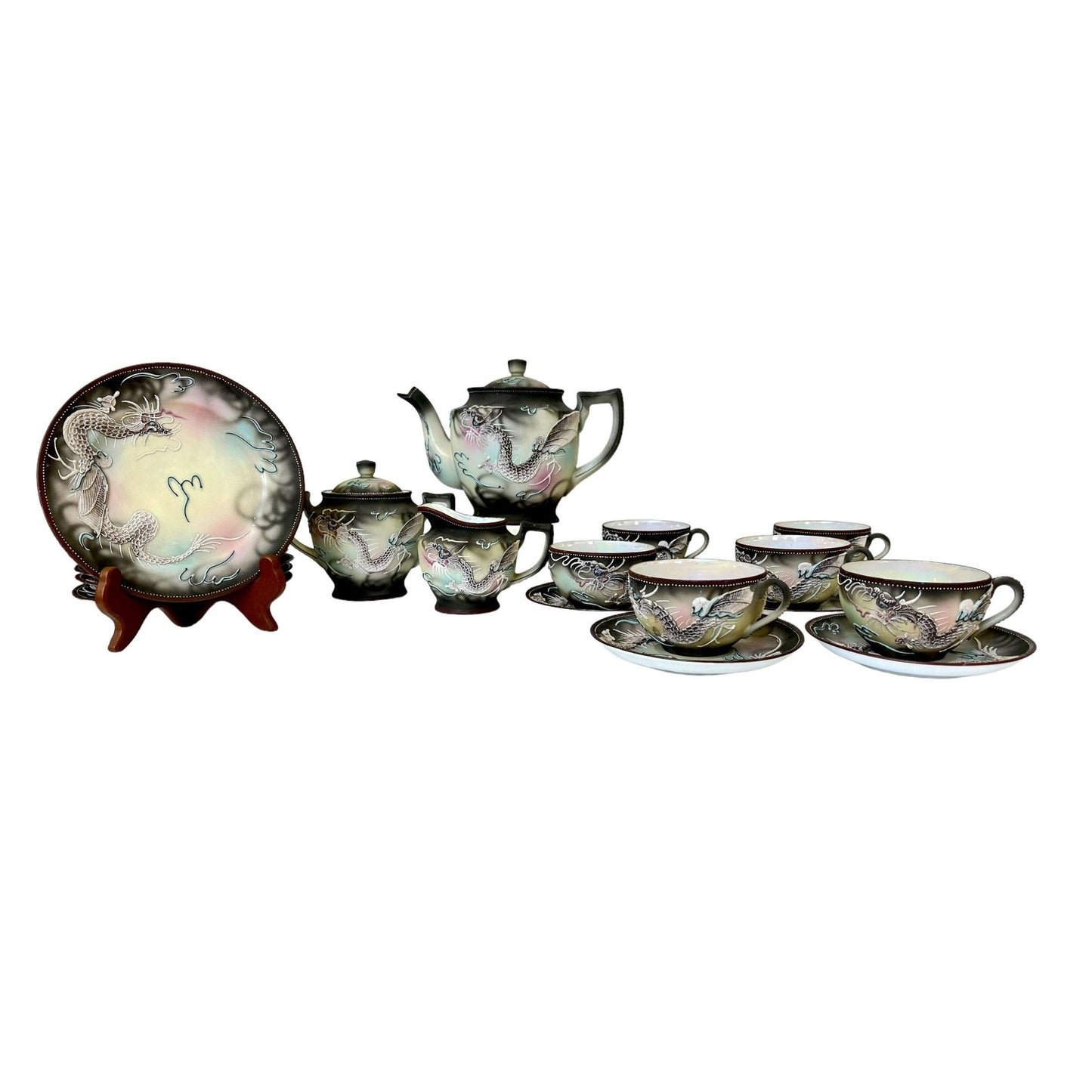 Circa 1920s-1930s Japanese Moriage Dragon ware Six Serving Tea Set with Tea Pot, Sugar Dish, Creamer Dish and Six Snack Plates