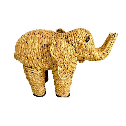 Vintage Woven Wicker Wood Elephant Decor