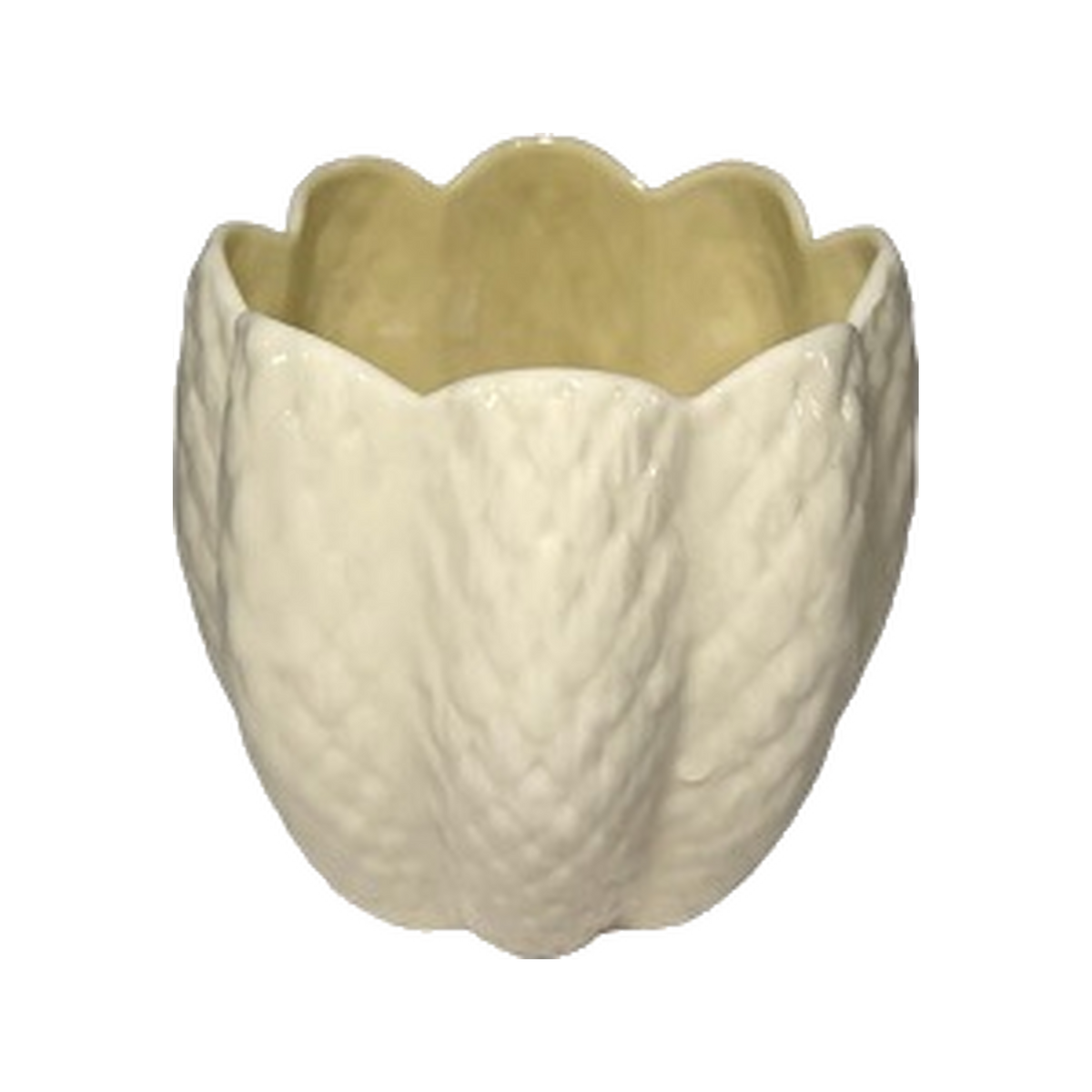 Vintage Belleek Limpet yellow porcelain planter, angled view on transparent background
