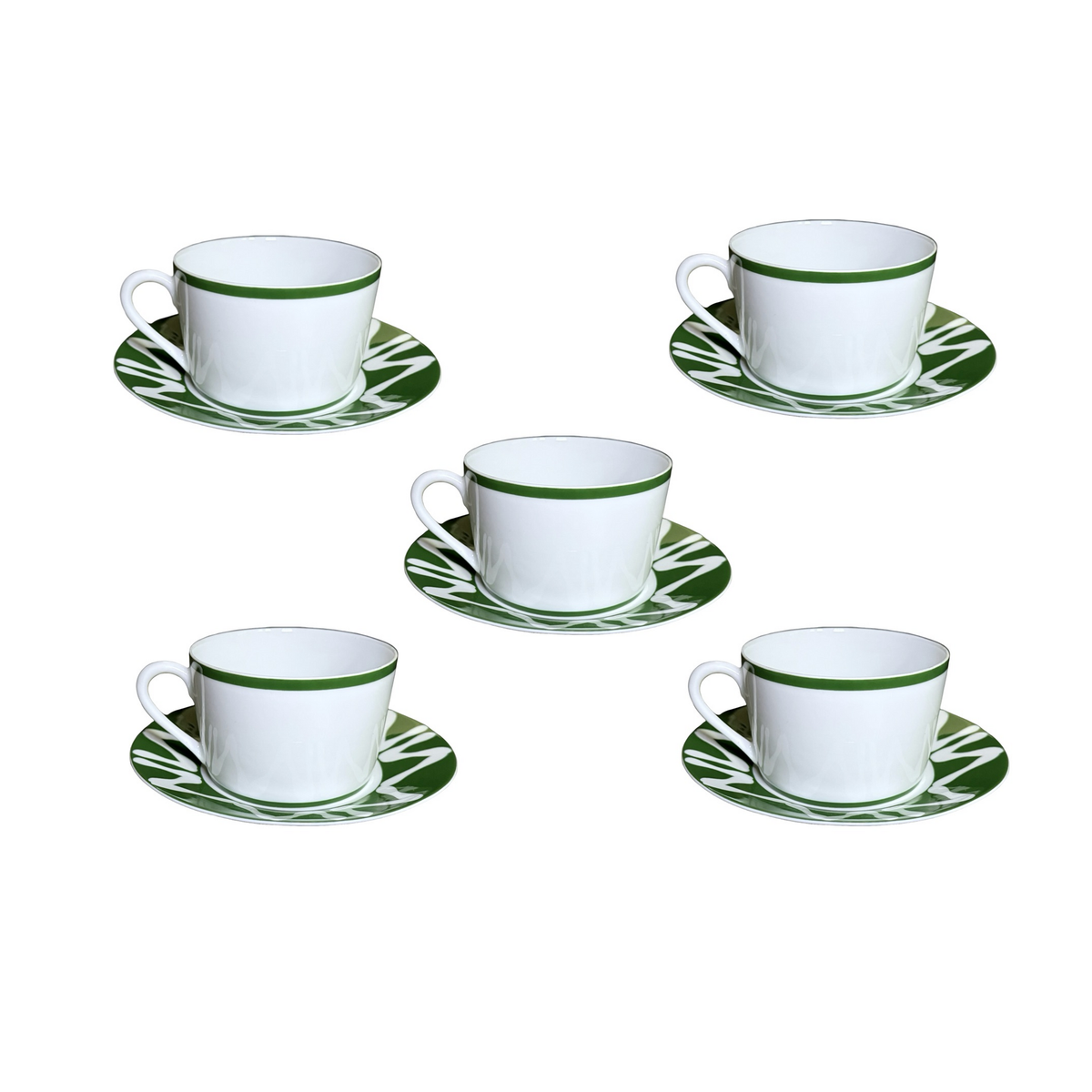 Five Bill Goldsmith New Florida Green Limoges porcelain cup and saucer pairs