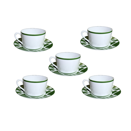 Five Bill Goldsmith New Florida Green Limoges porcelain cup and saucer pairs