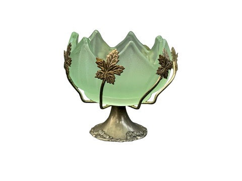 Vintage Brama frosted green glass bowl with ornate silver-plated base, angled view