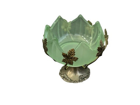 Vintage Brama frosted green glass bowl with silver-plated footed base, front view