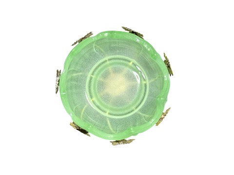 Close view of pointed frosted green glass rim and leaf details