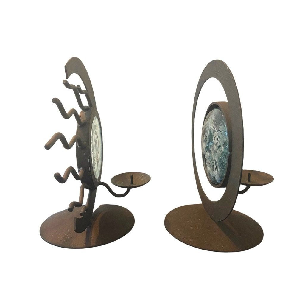 Vintage Wrought Iron and Hand Blown Molded Glass Face Sun and Moon Candle Holders - Set of 2