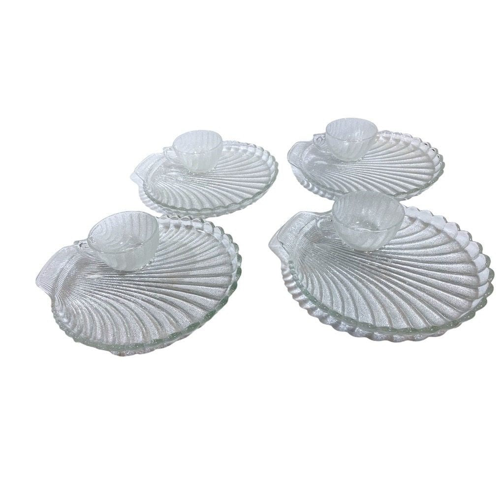 Set of 4 - Vintage Anchor Hocking Clam Shell Shaped Embossed Scallop Edge Textured Glass Snack Tray with Clam Shaped Demi Cup