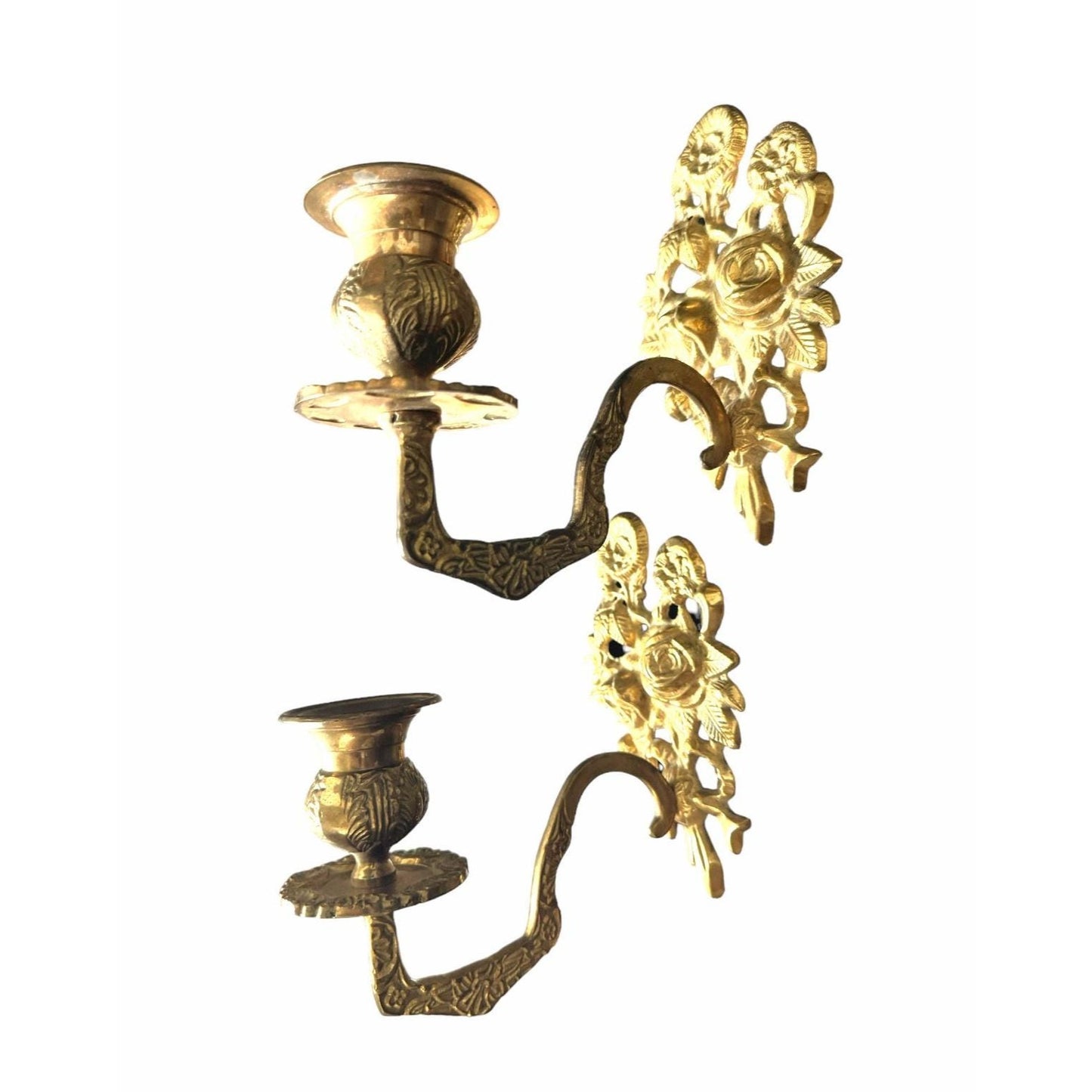 Vintage Hollywood Regency Brass Floral Wall Sconces - Set of 2