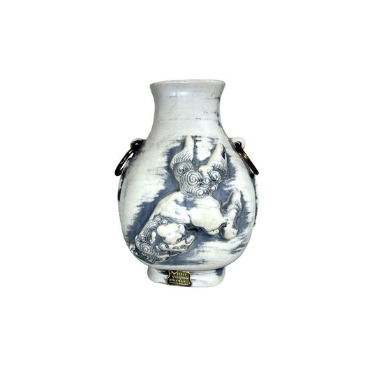 Vintage Vohann of California Structeramic Asian Inspired Blue White Foo Dog Vase