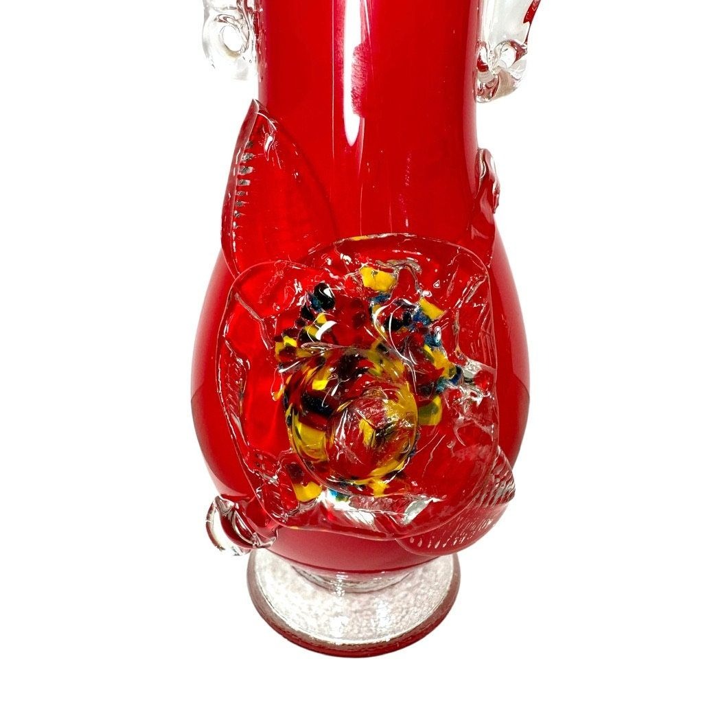 Vintage Blown Glass Confetti Flower Red Vase with White Interior Cased Vase