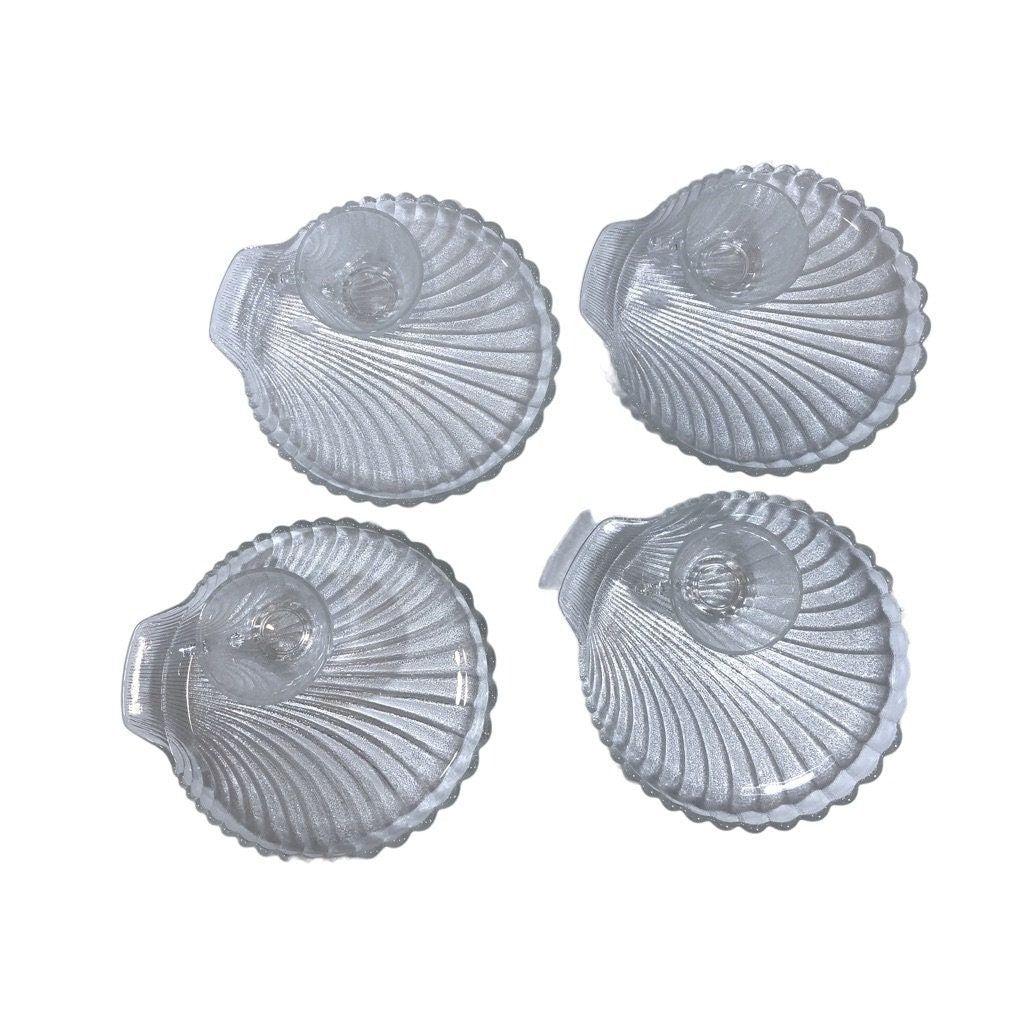 Set of 4 - Vintage Anchor Hocking Clam Shell Shaped Embossed Scallop Edge Textured Glass Snack Tray with Clam Shaped Demi Cup