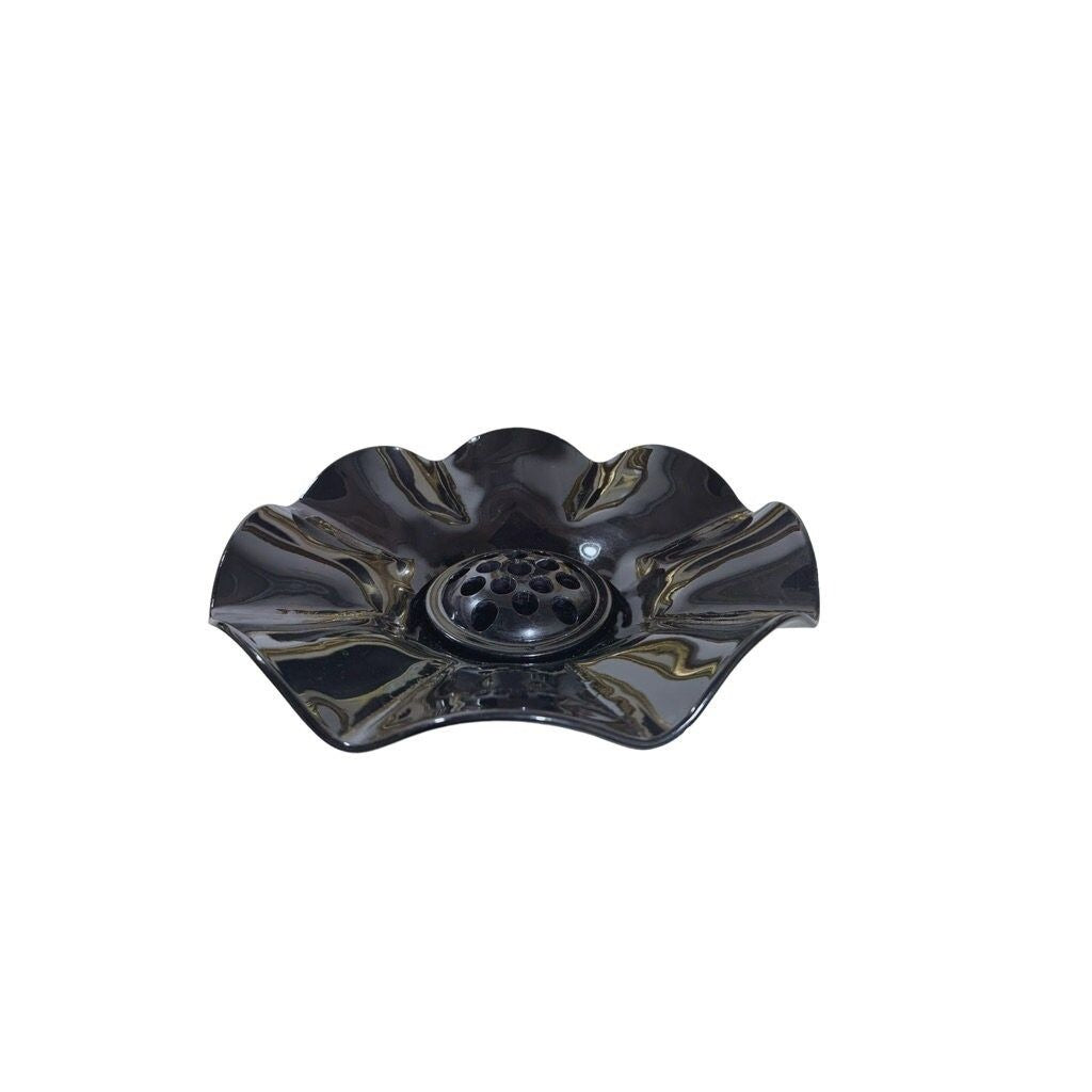 Vintage L.E. Smith Black Glass Ruffle Bowl with Flower Frog