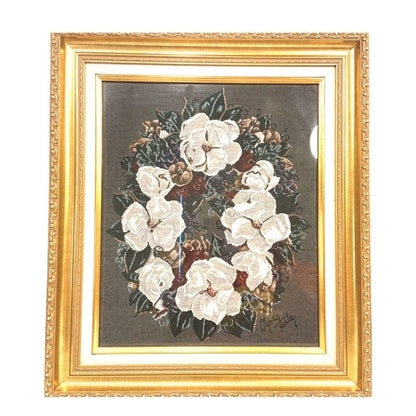 Framed Vintage Glynda Turley Needlepoint Art, "Magnolia Wreath"