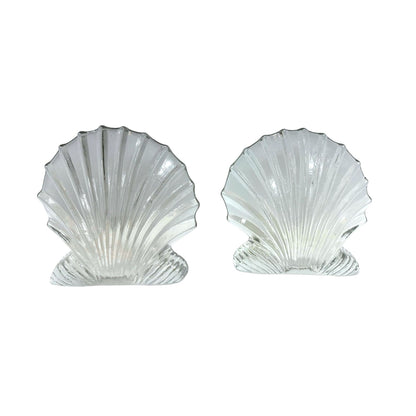 Vintage Blenko Art Glass Clear Scallop Clam Shell Bookends- Set of 2