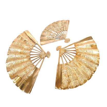 Vintage Brass Fans with Embossed Phoenix Wall Decor - set of 3