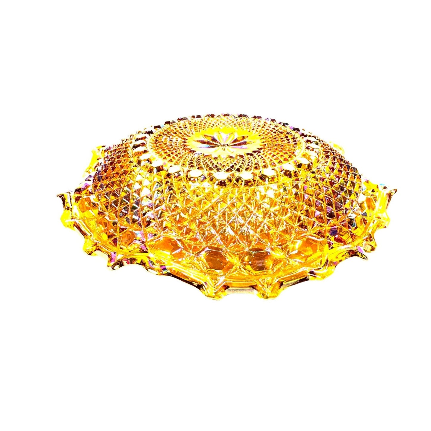 Vintage Indiana Glass Company Tiara Marigold Iridescent Carnival Crimp & Scallop Glass Dish