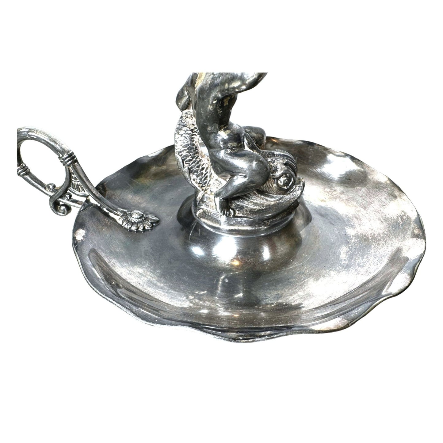 Rare Antiques 1800s Victorian Hartford Silverplate Co. Quadruple Plated Boy Riding Fish Candlestick Holder