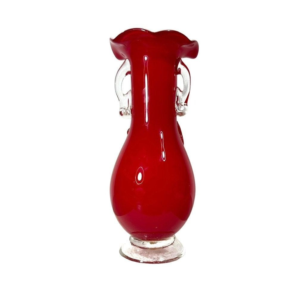 Vintage Blown Glass Confetti Flower Red Vase with White Interior Cased Vase